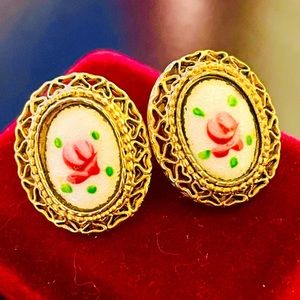 Vintage Guilloche Rose Oval Gold Tone Stud Earrings